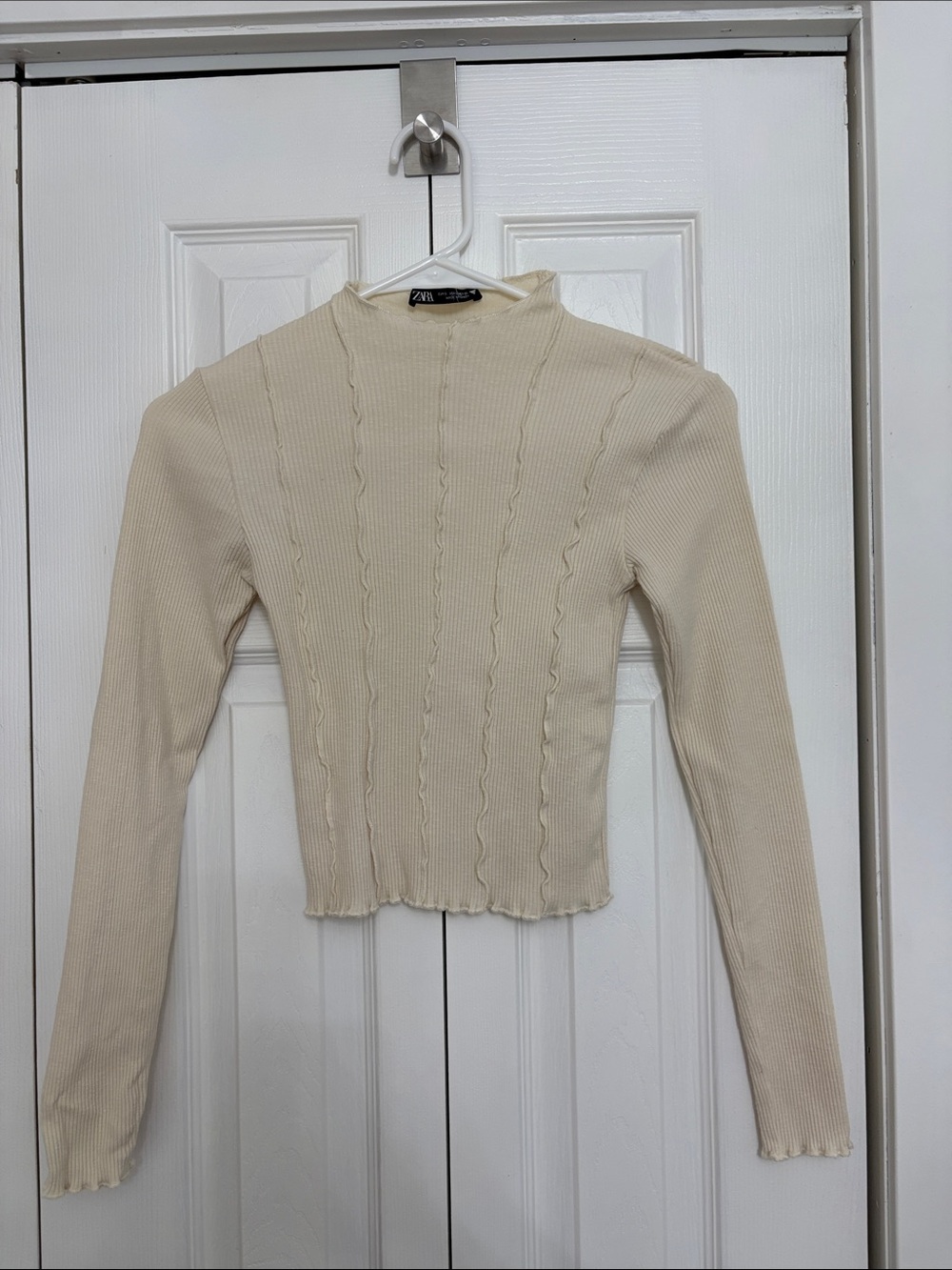 Zara Cream Ribbed Mock Neck Long Sleeve Top